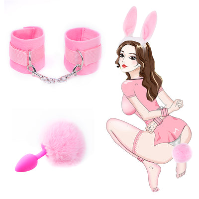 Silicone Anal Tail Fluffy Hand cuffs Pink Rabbit Ear Bunny Girl Cosplay Sex Accessaries Short Butt Plug Tails BDSM Handcuffs
