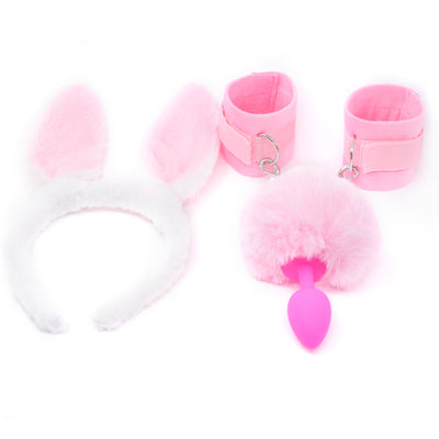 Silicone Anal Tail Fluffy Hand cuffs Pink Rabbit Ear Bunny Girl Cosplay Sex Accessaries Short Butt Plug Tails BDSM Handcuffs