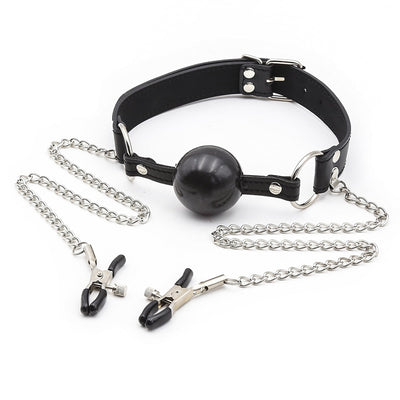 Silicone Open Mouth Gag Ball, Oral Fixation Stuffed with Nipple Clamps Chain,BDSM Bondage Cosplay,Adult Toys