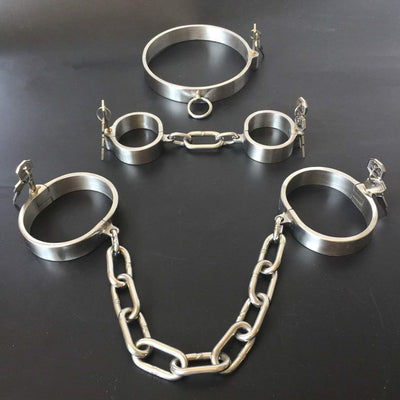 Stainless Steel Lockable Neck Collar Handcuffs Ankle Cuffs Slave BDSM Bondage Shackles Leg Irons Restraints Sex Toy for Couples