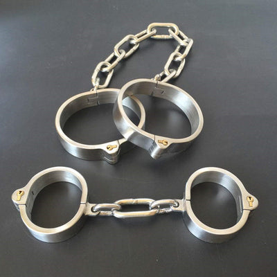 Stainless Steel Lockable Neck Collar Handcuffs Ankle Cuffs Slave BDSM Bondage Shackles Leg Irons Restraints Sex Toy for Couples