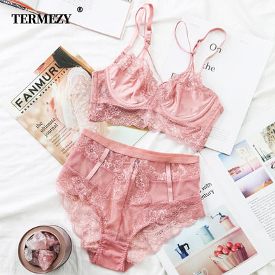 TERMEZY Classic Bandage Pink Bra Set Lingerie Push Up Brassiere Lace Underwear Set Sexy High-Waist Panties for Women Underwear