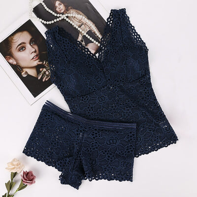 Women Push Up Seamless Embroidery Bra Lace Sexy Bra Set Wire Free Lingerie Transparent Female Underwear Set