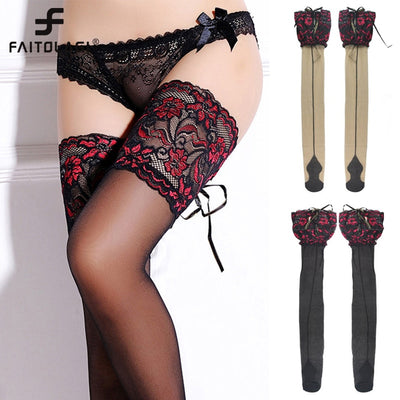 Women Sexy Fishnet Stockings Heel Back Seam Stockings Female Wide Lace Flower Silicone Cross Bandage Thigh High Stockings