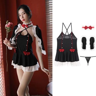Women Sexy Lingerie Temptation Transparent Black Maid Cosplay Costumes with T Pants Gothic Mini Dress Erotic Home Wear