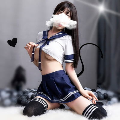 Women Sexy Lingerie Set Sailor Anime School Girl Outfit Erotic Short Top See Through Cosplay Costumes Top and Mini Skirt