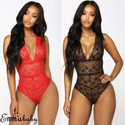 Women's Sexy Lace Floral Lingerie Bodysuits Nightwear Underwear G-string Deep V Neck Babydoll Catsuit Lingerie Sexy Hot Erotic